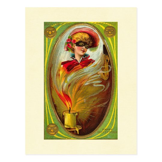 Masked Lady Halloween Greetings Postcard