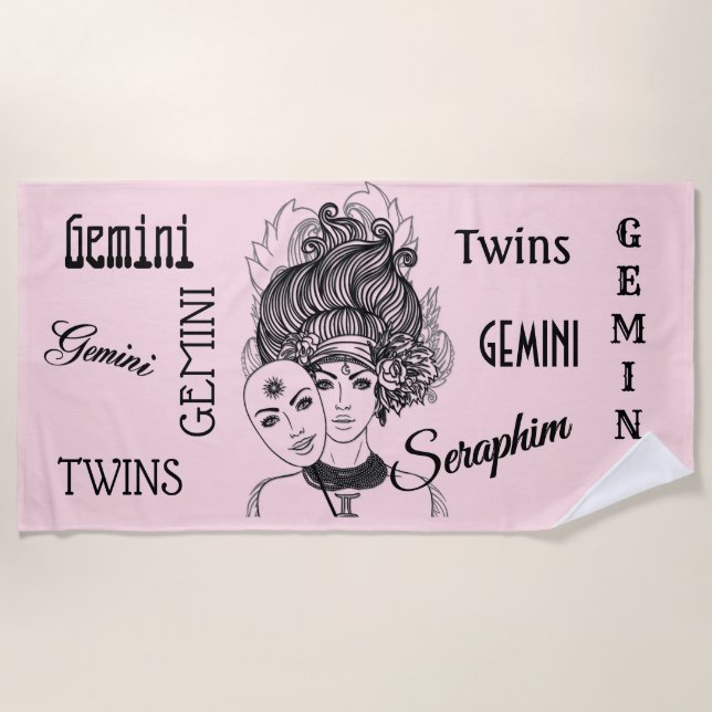 Masked Lady Theatre Gemini Zodiac Symbol Beach Towel (Front)