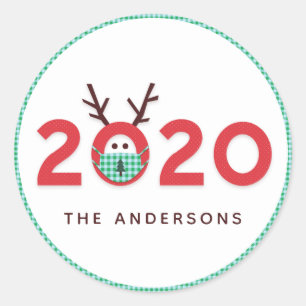 Masked Reindeer 2020 Custom Holiday Red Green Classic Round Sticker