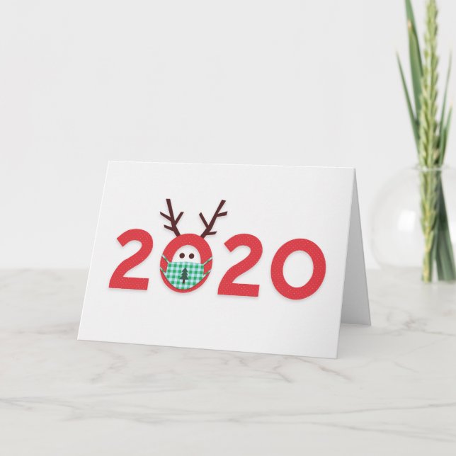 Masked Reindeer 2020 Custom Red Green Holiday Card (Front)