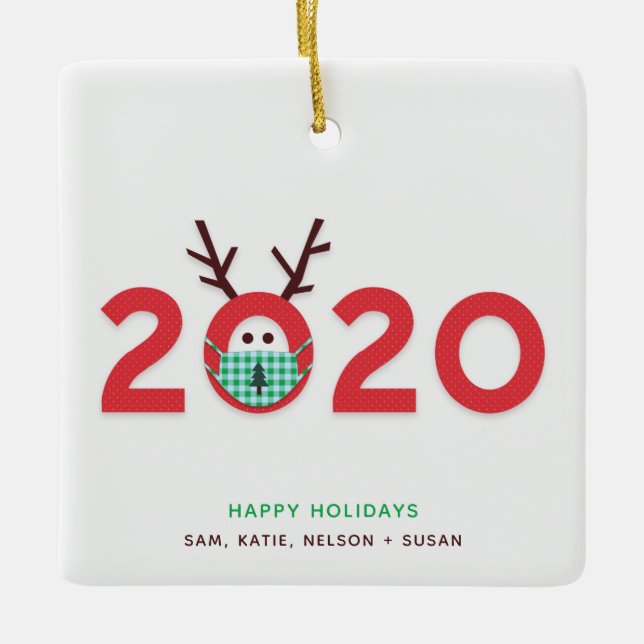 Masked Reindeer 2020 Custom Red Green Ornament (Front)
