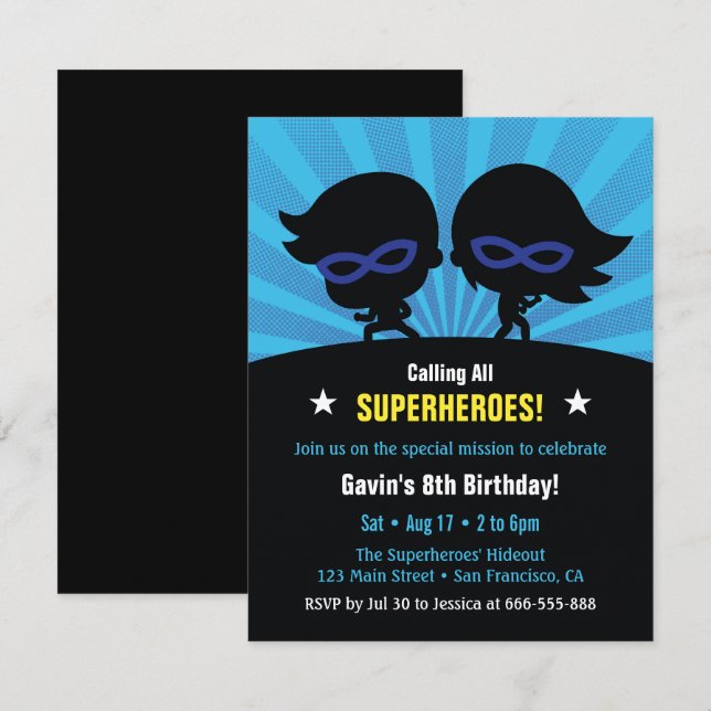 Masked Superheroes Kids Birthday Party Invitations (Front/Back)