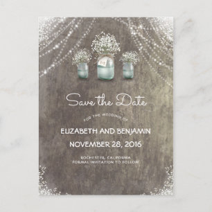 Mason Jar and Baby's Breath Rustic Save the Date Announcement Postcard