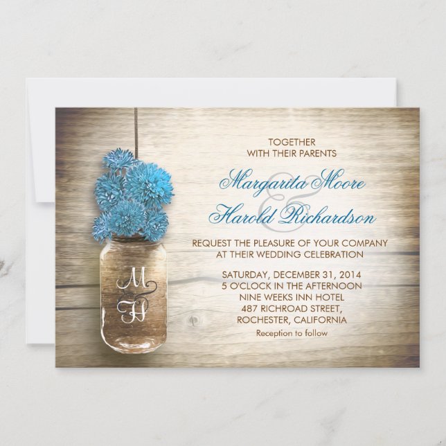 Mason jar and blue flowers wedding invitations (Front)