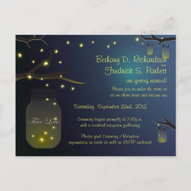 Mason Jar and Fireflies at Dusk Wedding Invitation (Front)