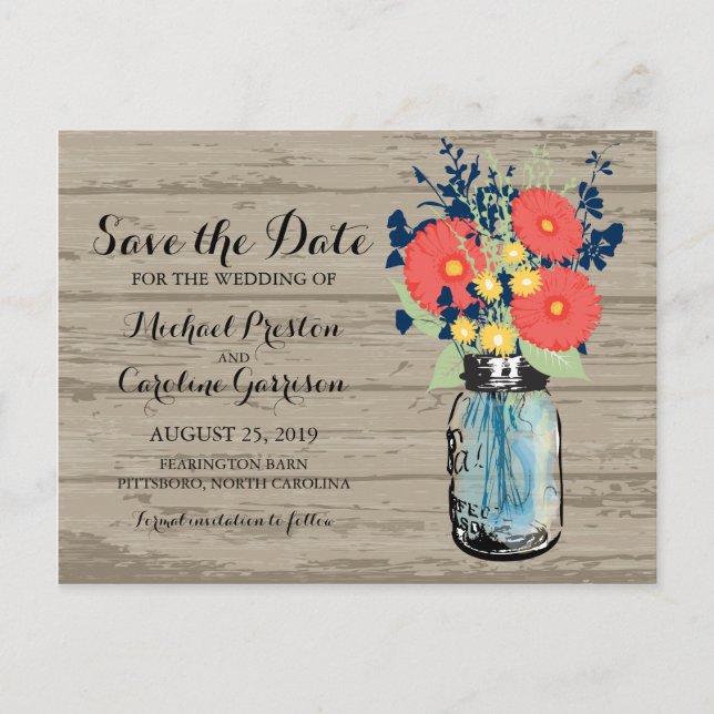 Mason Jar and Gerber Daisies Save the Date Announcement Postcard (Front)