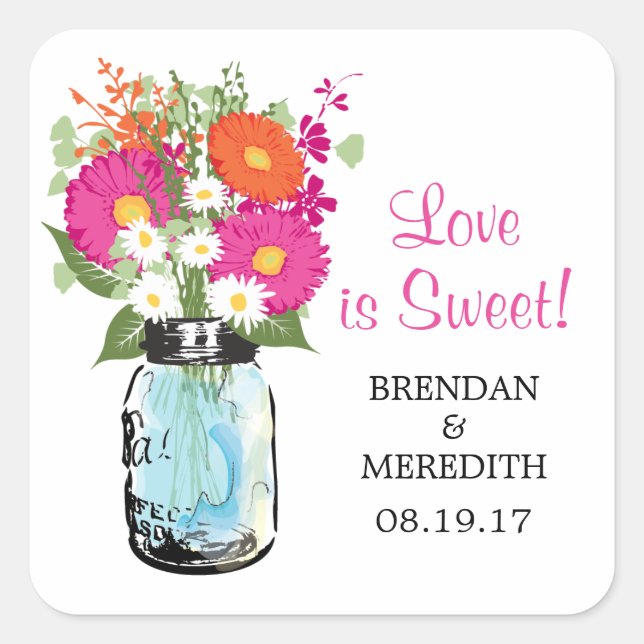 Mason Jar and Gerber Daisies Wedding Square Sticker (Front)