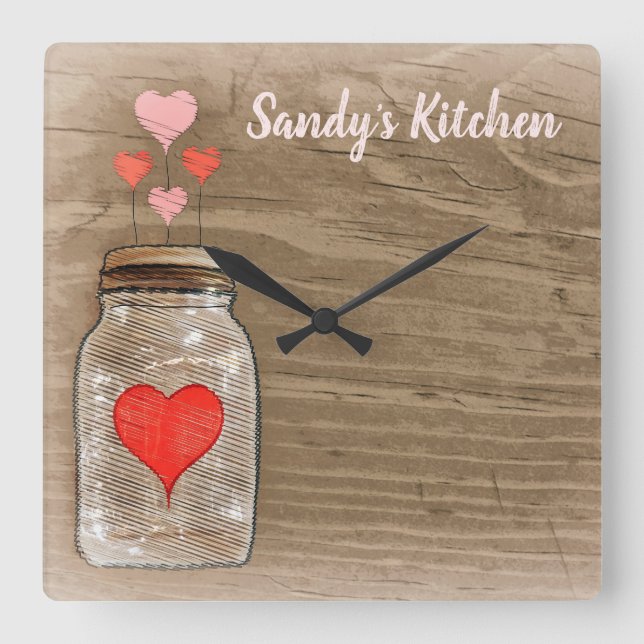 Mason Jar and Hearts Personalized Kitchen Clock (Front)