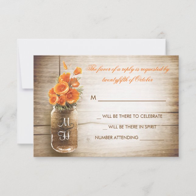 Mason jar and orange flowers wedding RSVP card (Front)