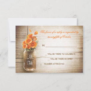 Mason jar and orange flowers wedding RSVP card