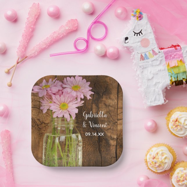 Mason Jar and Pink Daisies Country Barn Wedding Paper Plate (Party)