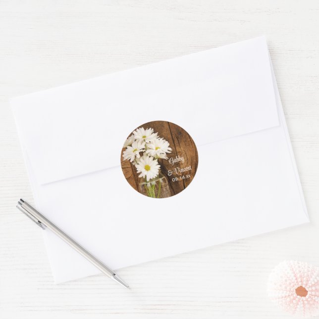 Mason Jar and White Daisies Barn Wedding Classic Round Sticker (Envelope)