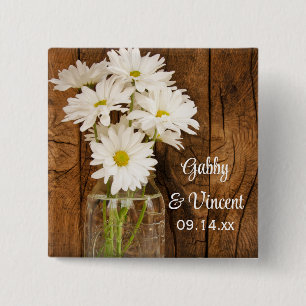 Mason Jar and White Daisies Country Barn Wedding 2 Inch Square Button