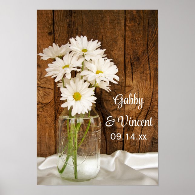 Mason Jar and White Daisies Country Barn Wedding Poster (Front)