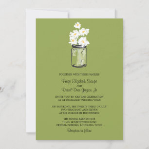 Mason Jar and White Daisies Green Wedding Invitation