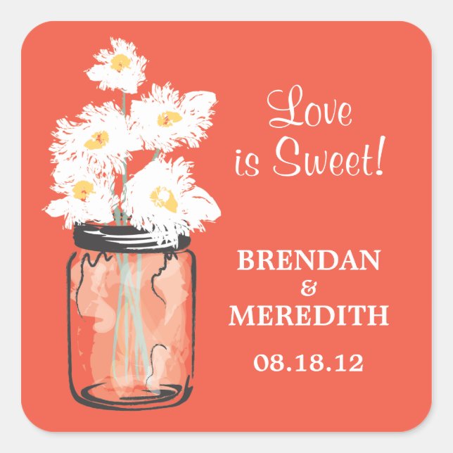 Mason Jar and White Daisies Wedding Square Sticker (Front)