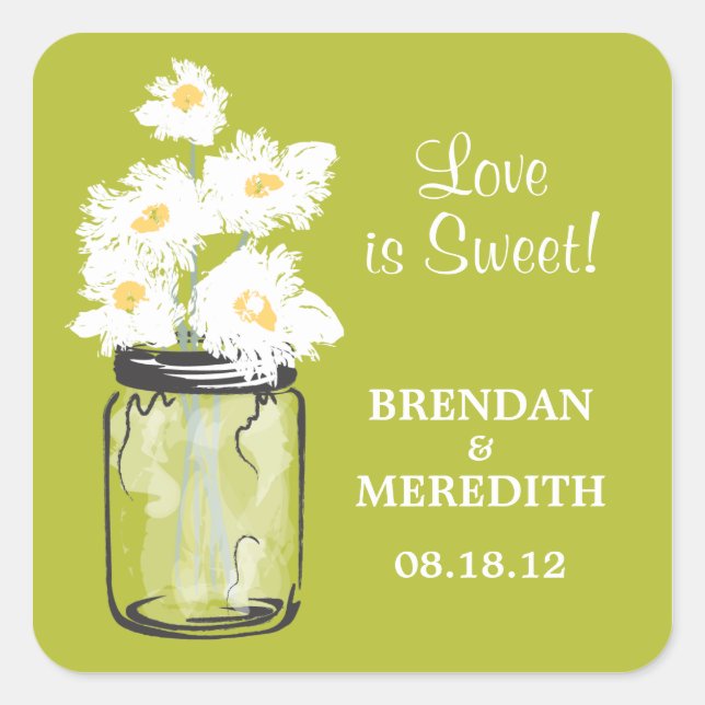 Mason Jar and White Daisies Wedding Square Sticker (Front)