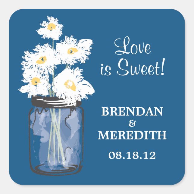 Mason Jar and White Daisies Wedding Square Sticker (Front)