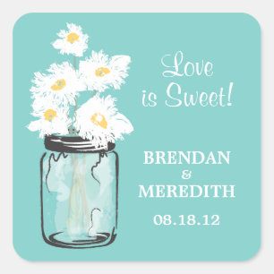 Mason Jar and White Daisies Wedding Square Sticker