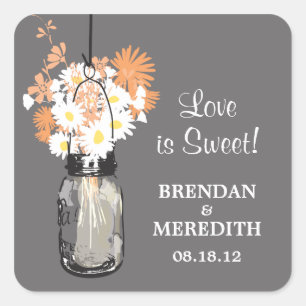 Mason Jar and White Daisies Wedding Square Sticker