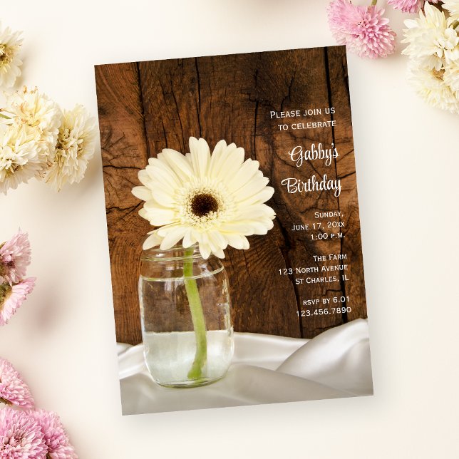 Mason Jar and White Daisy Country Birthday Party Invitation (Creator Uploaded)