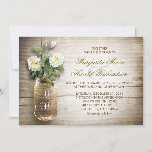 Mason jar and white flowers wedding invitations (Front)