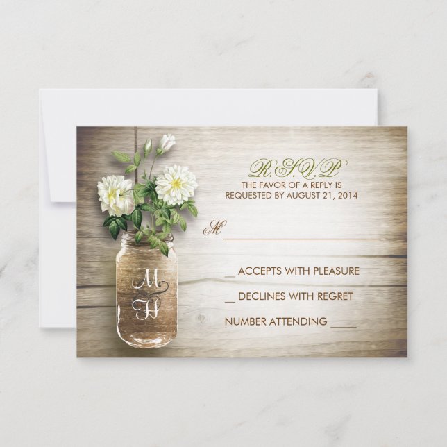 Mason jar and white flowers wedding RSVP cards (Front)