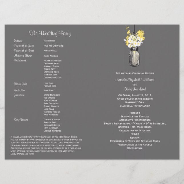 Mason Jar and Wildflower Wedding Program (Front)