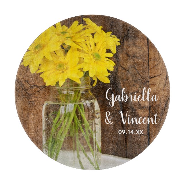 Mason Jar and Yellow Daisies Country Barn Wedding Cutting Board (Front)