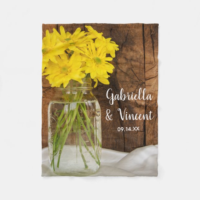 Mason Jar and Yellow Daisies Country Wedding Fleece Blanket (Front)
