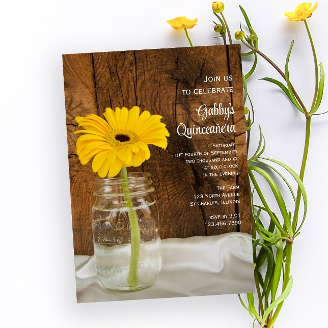 Mason Jar and Yellow Daisy Quinceañera Invitation (Creator Uploaded)