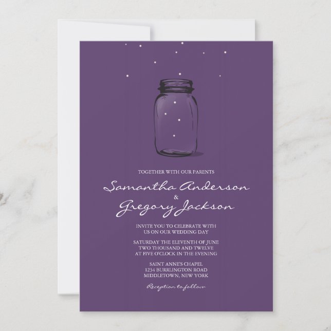 Mason Jar aux lucioles Faire-part de mariage viole (Devant)