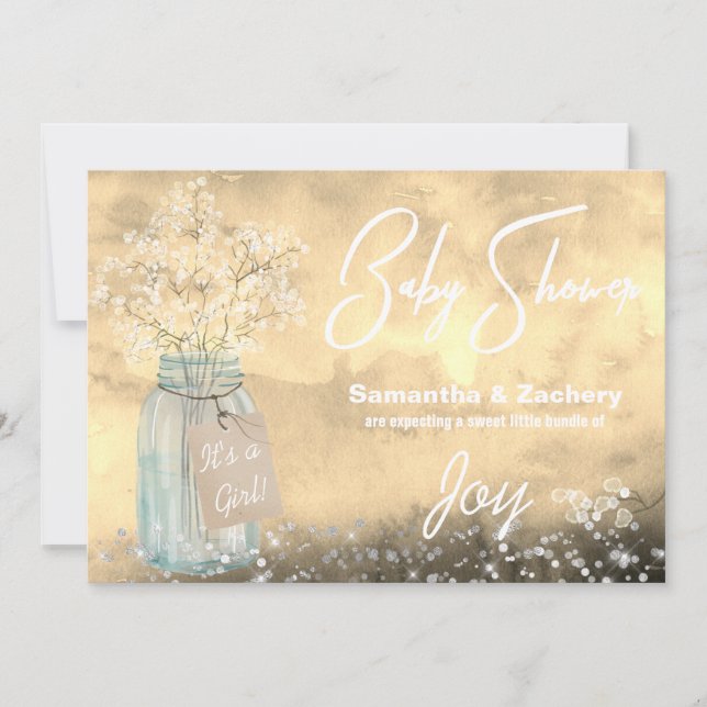 *~* Mason Jar Baby Breath Baby Shower Rustic Invitation (Front)