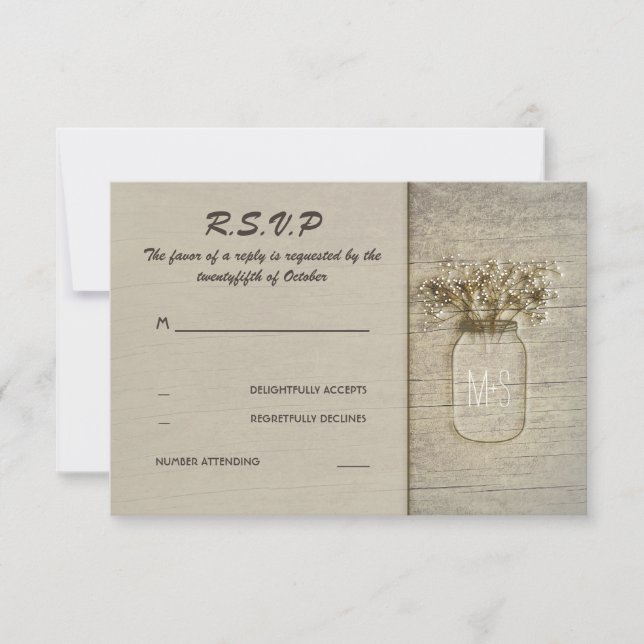Mason Jar Baby's Breath Rustic Barn RSVP Cards (Front)