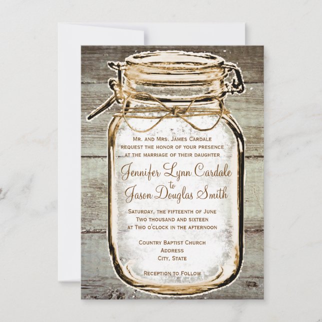 Mason Jar Barn Wood Rustic Wedding Invitations (Front)