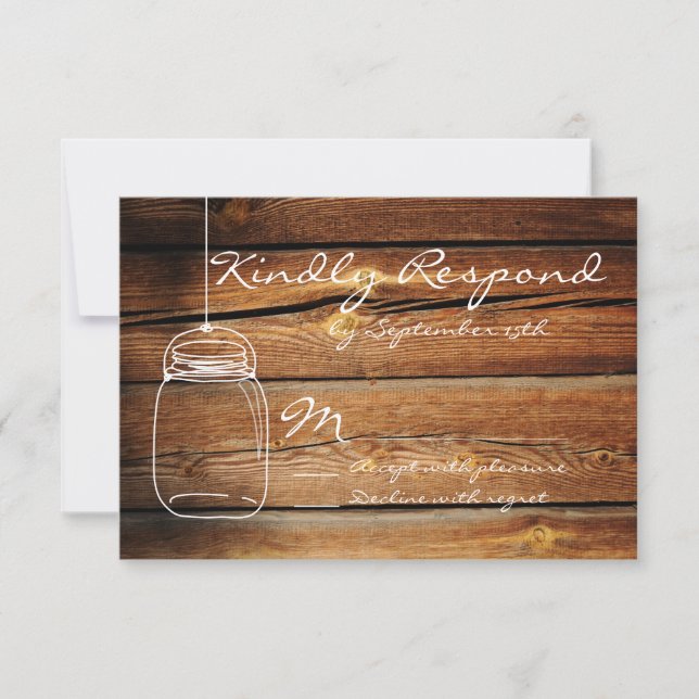 Mason Jar Barn Wood Wedding RSVP Cards (Front)