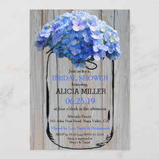 Mason Jar Barnwood Blue Hydrangeas Bridal Shower Invitation