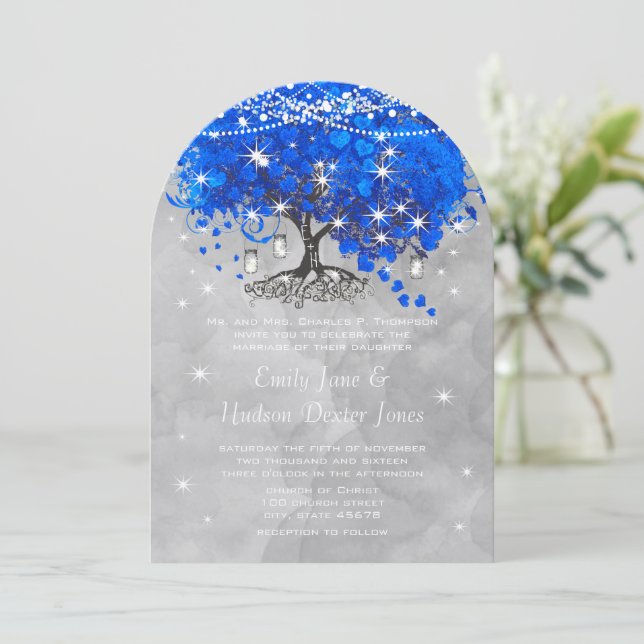 Mason Jar Blue Heart Leaf Tree Grey Watercolor Invitation (Standing Front)