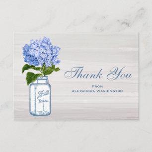 Mason Jar & Blue Hydrangea Grey Thank You Cards