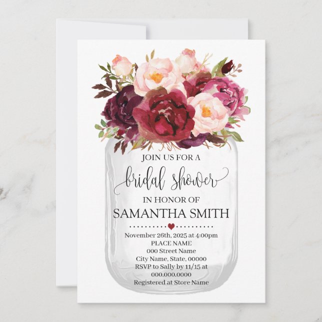Mason jar bridal shower marsala country chic invitation (Front)