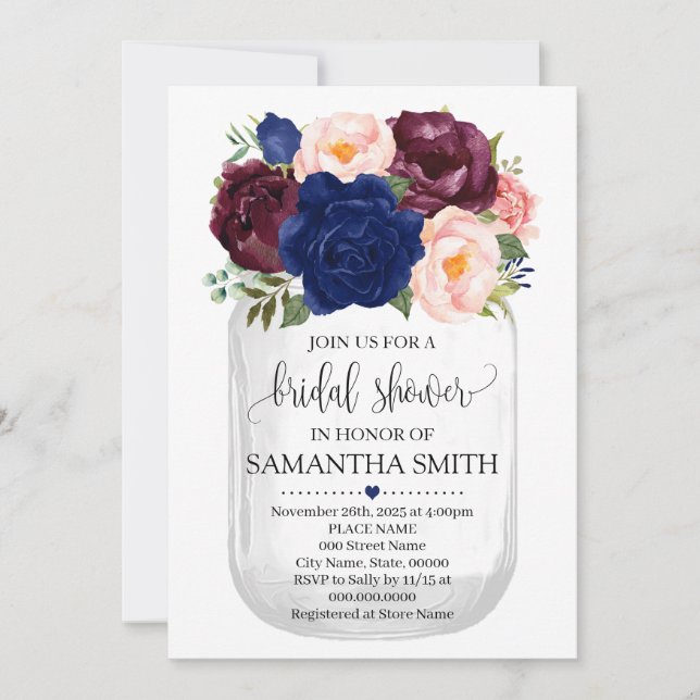 Mason jar bridal shower navy floral country chic invitation (Front)