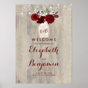 Mason Jar Burgundy Floral Wedding Welcome Sign