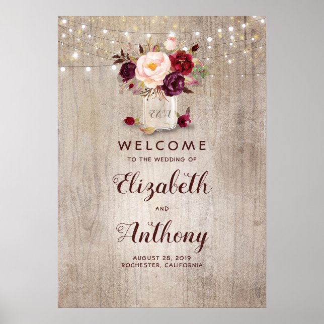 Mason Jar Burgundy Mariage Floral Affiche de bienv (Devant)