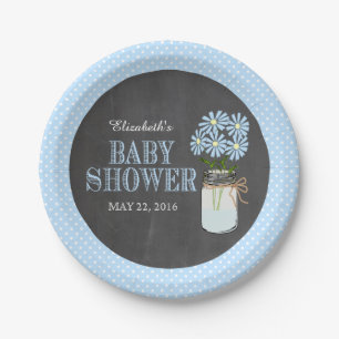 Mason Jar Chalkboard Look Blue Dots Baby Shower Paper Plate