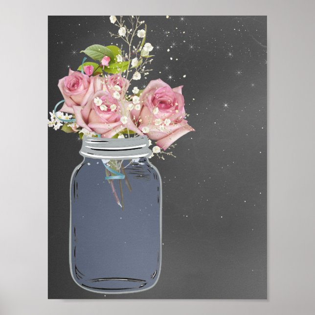Mason Jar Chalkboard, Pink Roses, Custom Poster (Front)