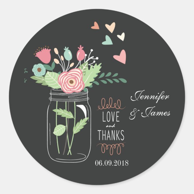 Mason jar charcoal wedding sticker favours seals (Front)