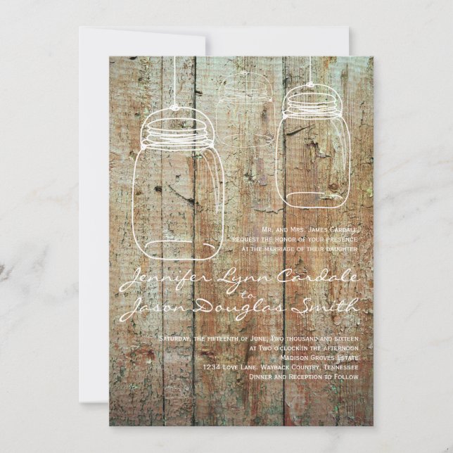 Mason Jar Country Barn Wood Wedding Invitations (Front)
