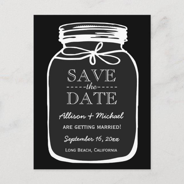 Mason Jar Custom Colour Save the Date Wedding A02 Announcement Postcard (Front)