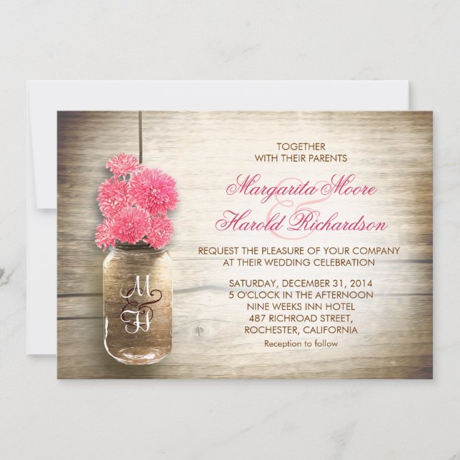 Mason jar & cute pink flowers wedding invites (Front)