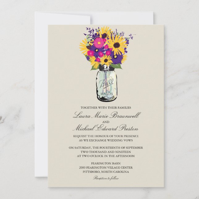 Mason Jar Daisies and Sunflowers Wedding Invitation (Front)